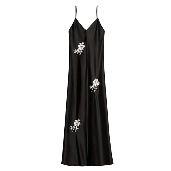 RARE Tory Burch Satin Maxi Slip Dress Women’s Size 14 Black Floral Embroidery - Picture 1 of 9